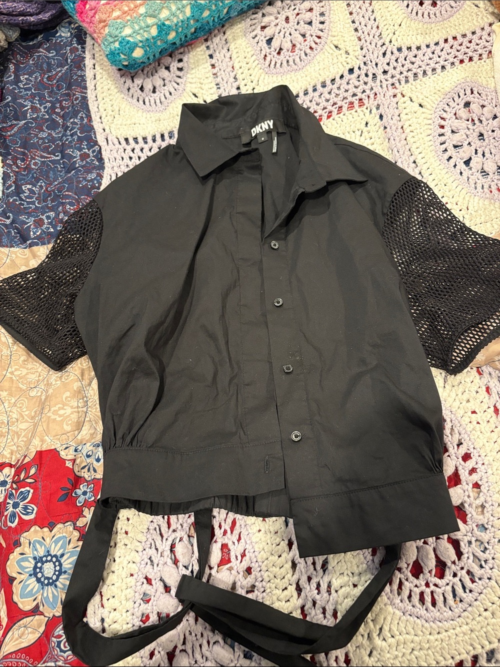 DKNY Black Button-Front Top with Mesh Short Sleeves